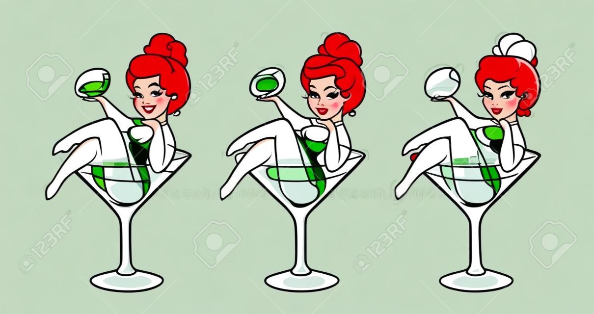Beautiful girl sit in martini glass with olive. Pin-up cartoon character in cocktail drink. Isolated white background. Vector illustration.