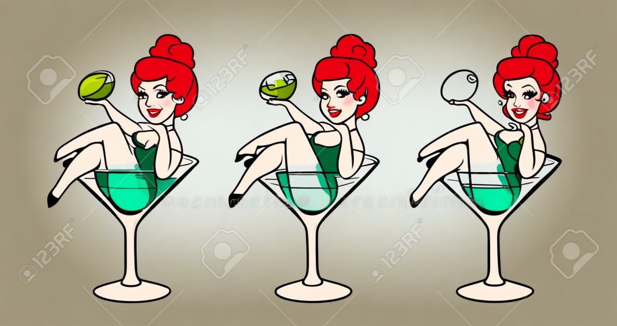美丽的女孩在马蒂尼鸡尾酒玻璃坐用橄榄。炙手可热的卡通人物在鸡尾酒饮料。被隔绝的白色背景。传染媒介例证。