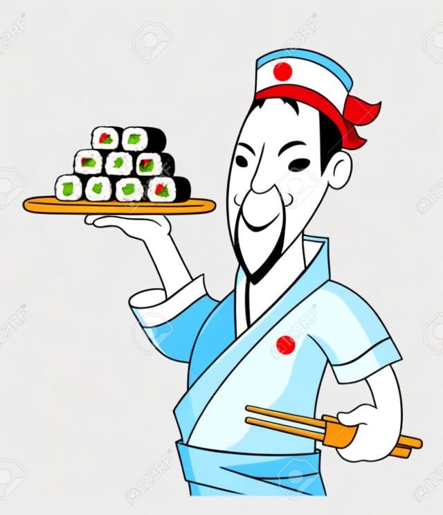Cocinero japonés con sushi aislado fondo blanco. Ilustración vectorial