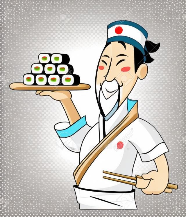 Japoński kucharz z sushi na białym tle. Ilustracji wektorowych.