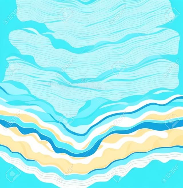 Sea wave and sand beach. Top view. Ocean coast. Travel background. Summer time rest concept. Tourist seaside season. EPS10 vector illustration.