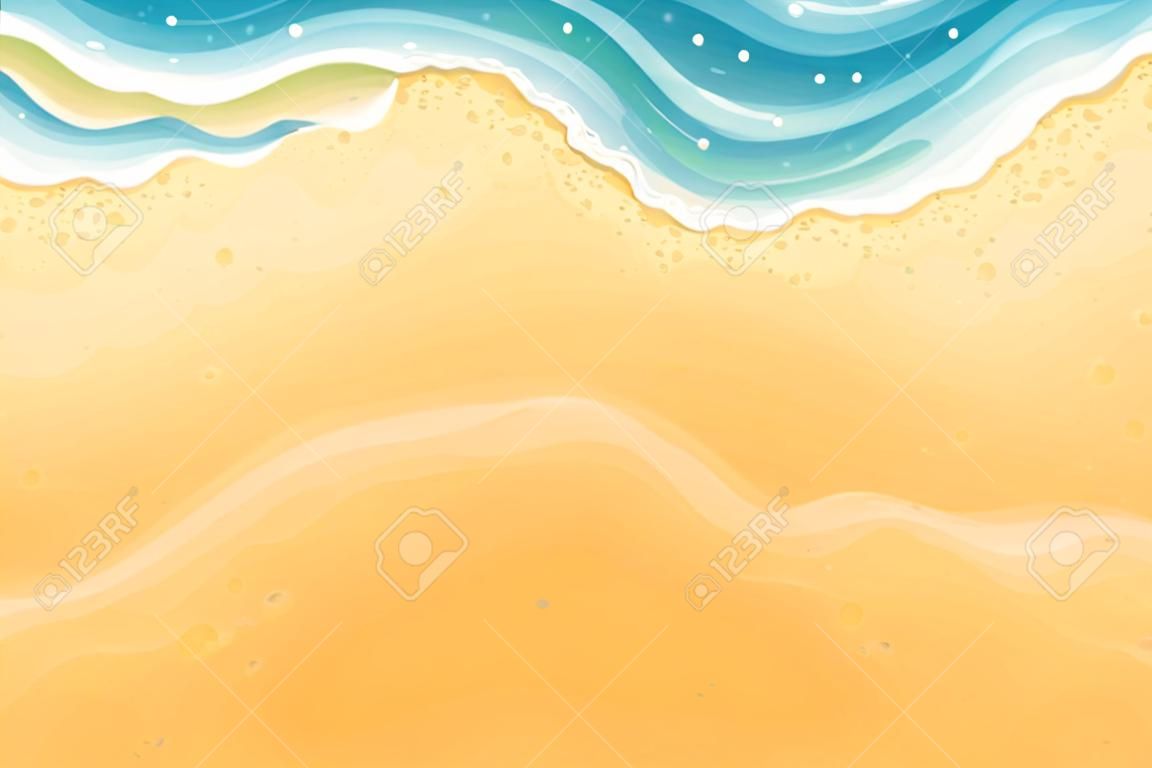 Vague de mer et plage de sable. Vue de dessus. Côte de l'océan. Fond de voyage. Concept de repos de l'heure d'été. Saison balnéaire touristique. Illustration vectorielle EPS10.