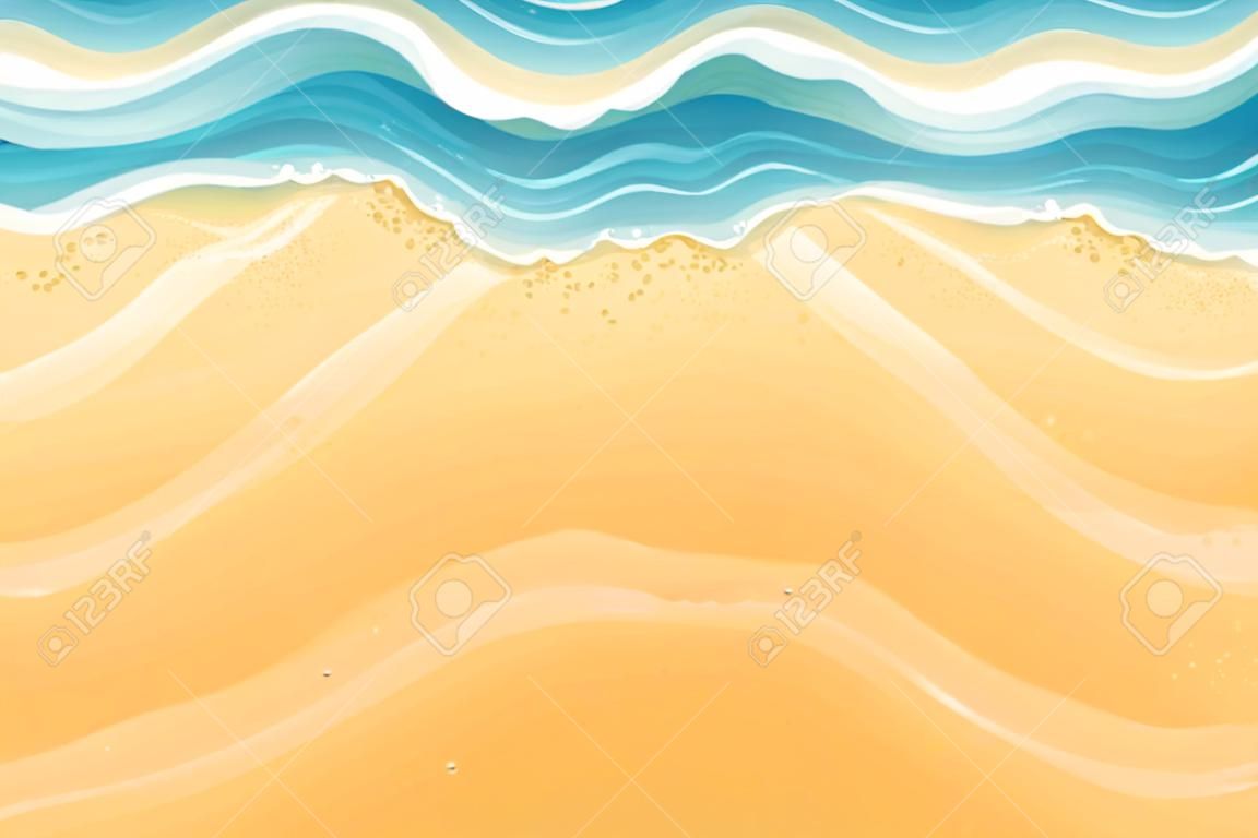 Vague de mer et plage de sable. Vue de dessus. Côte de l'océan. Fond de voyage. Concept de repos de l'heure d'été. Saison balnéaire touristique. Illustration vectorielle EPS10.