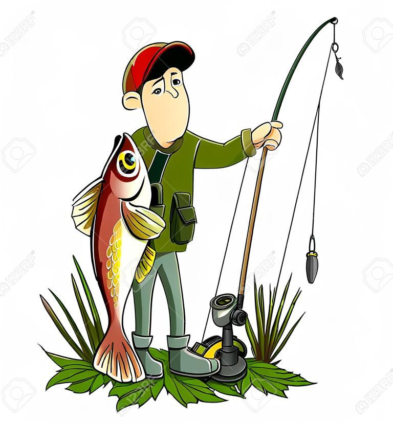 Pescatore con pesce e canna. Pesca, isolato su sfondo bianco. Eps10 illustrazione vettoriale.