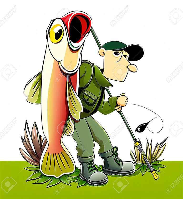 Pescador com peixe e vara. Pesca, isolado no fundo branco. Eps10 ilustração vetorial.