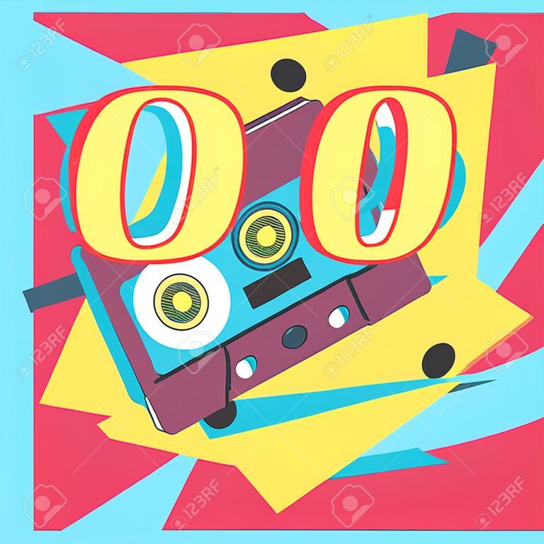 Аудиокассета на красном фоне. Пойдем на ретро-вечеринку 90-х. Векторные иллюстрации.