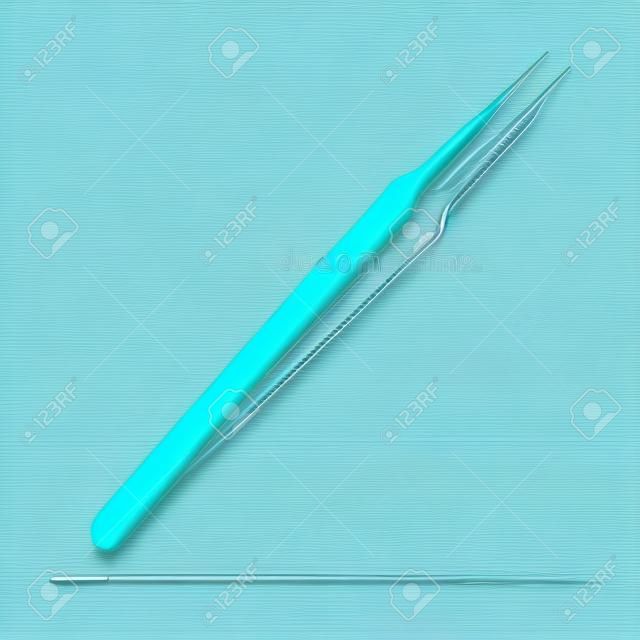 Dental straight surgical tweezers with thin working part. Medical instrument and equipment. Isolated object. Vector illustration.