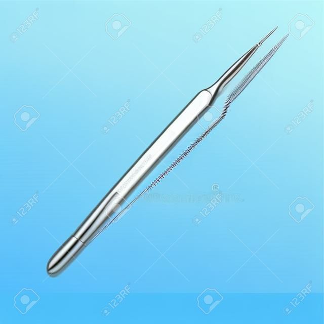 Dental straight surgical tweezers with thin working part. Medical instrument and equipment. Isolated object. Vector illustration.