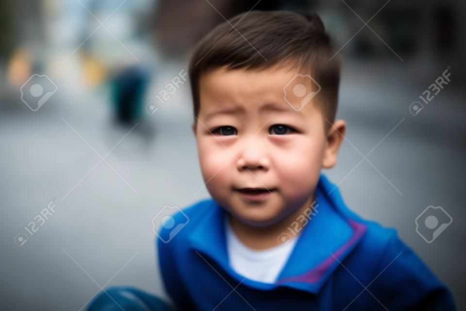 Allein trauriges Kind spielt auf einer Straße