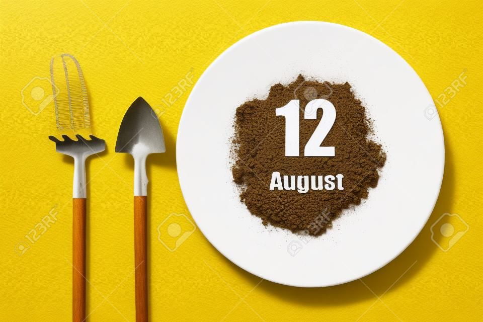 August 12nd. Day 12 of month, Calendar date. White plate of soil with a small spatula and rake on yellow background. Summer month, day of the year concept