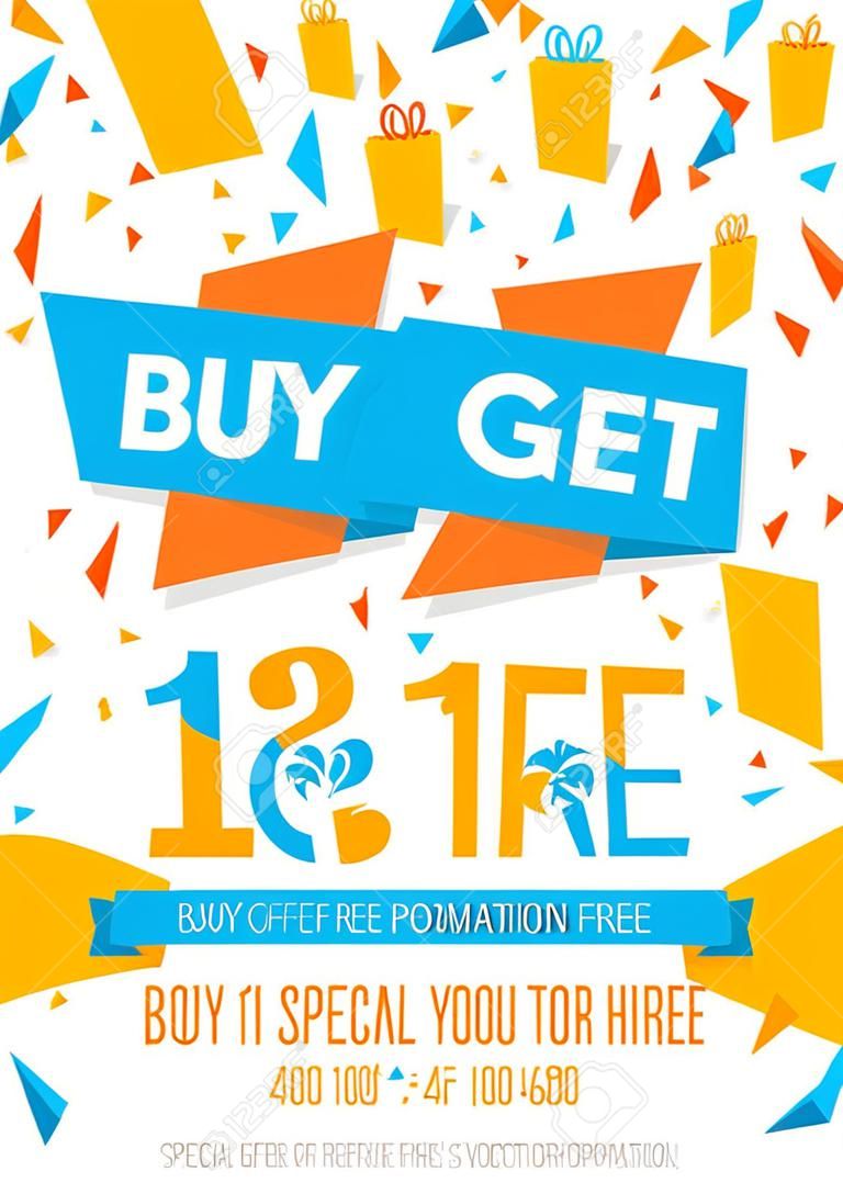 Promotion banner Buy 1 Get 1 Free vector illustration. Special offer advertising poster design. Promo flyer Buy 1 Get 1 Free creative concept. A4 size. Ready to print.