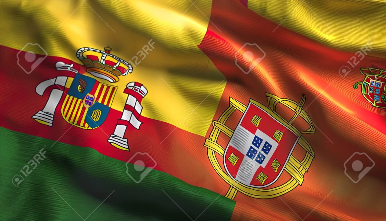 España y Portugal banderas juntos relaciones tela textil, textura de la tela