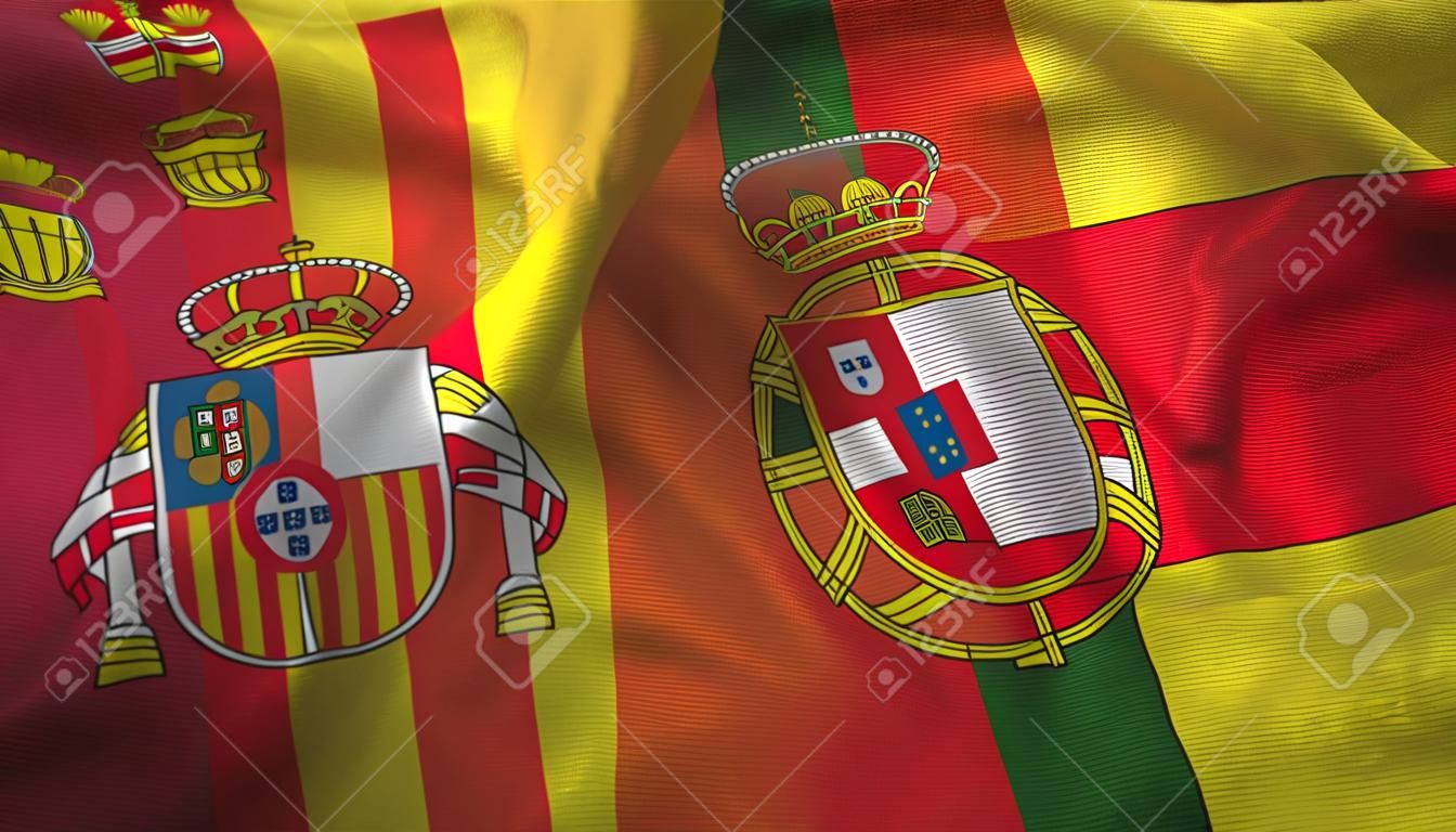 Spain and Portugal flags together relations textile cloth, fabric texture