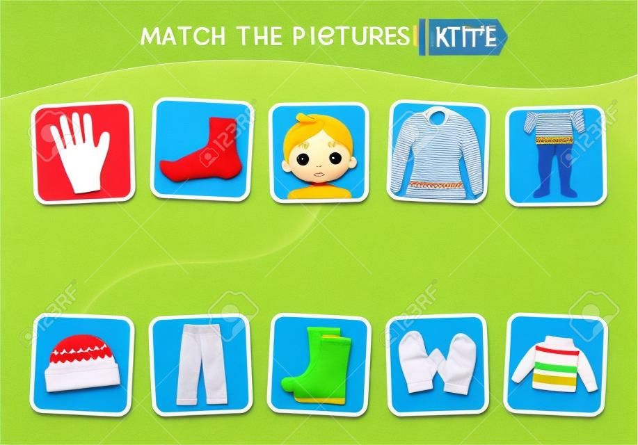 Matching children educational game. Match of body parts and clothing
. Activity for pre sÑhool years kids and toddlers.