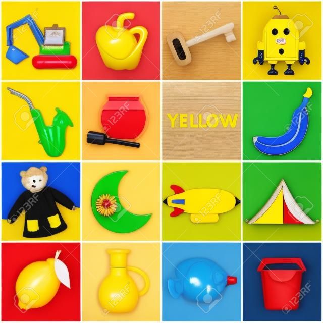 Apprenez les couleurs primaires. Jaune. Différents objets de couleur jaune. Matériel pédagogique pour les enfants et les tout-petits.