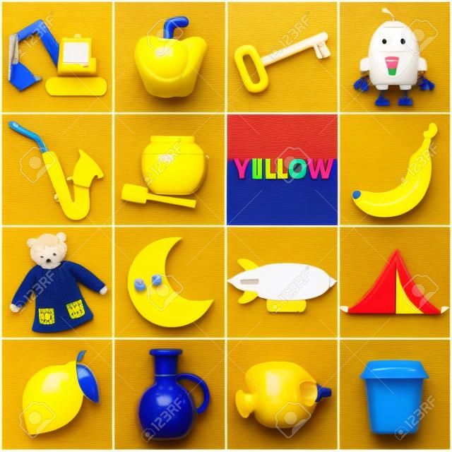 Leer de primaire kleuren. Geel. Verschillende objecten in gele kleur. Educatief materiaal voor kinderen en peuters.
