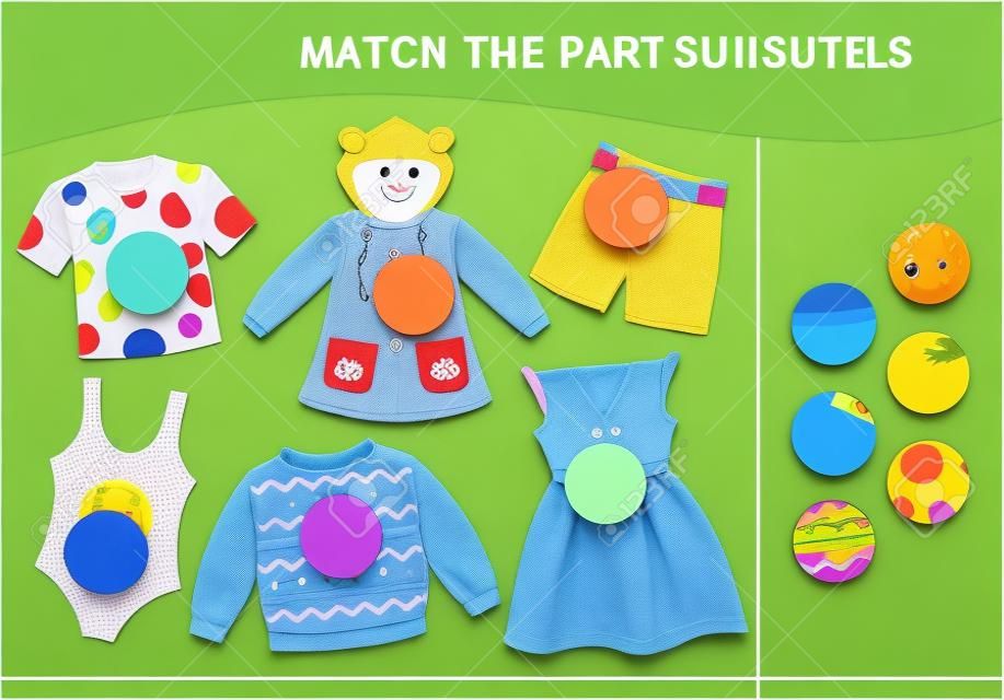 Passendes Lernspiel für Kinder. Teile der Kleidung zusammenbringen. Aktivität für Kinder und Kleinkinder im Vorschulalter.