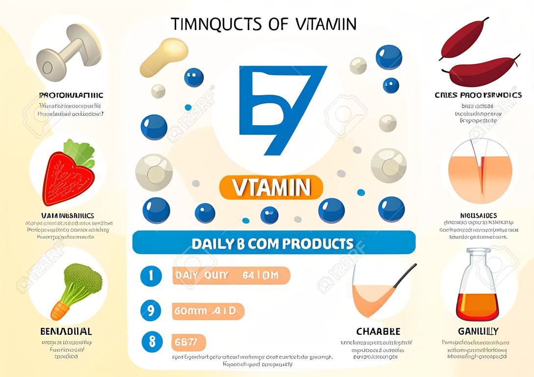 Infografiken Vitamin B7. Vitaminhaltige Produkte. Tagesnorm. Mangelerscheinungen. Vektor medizinisches Poster.