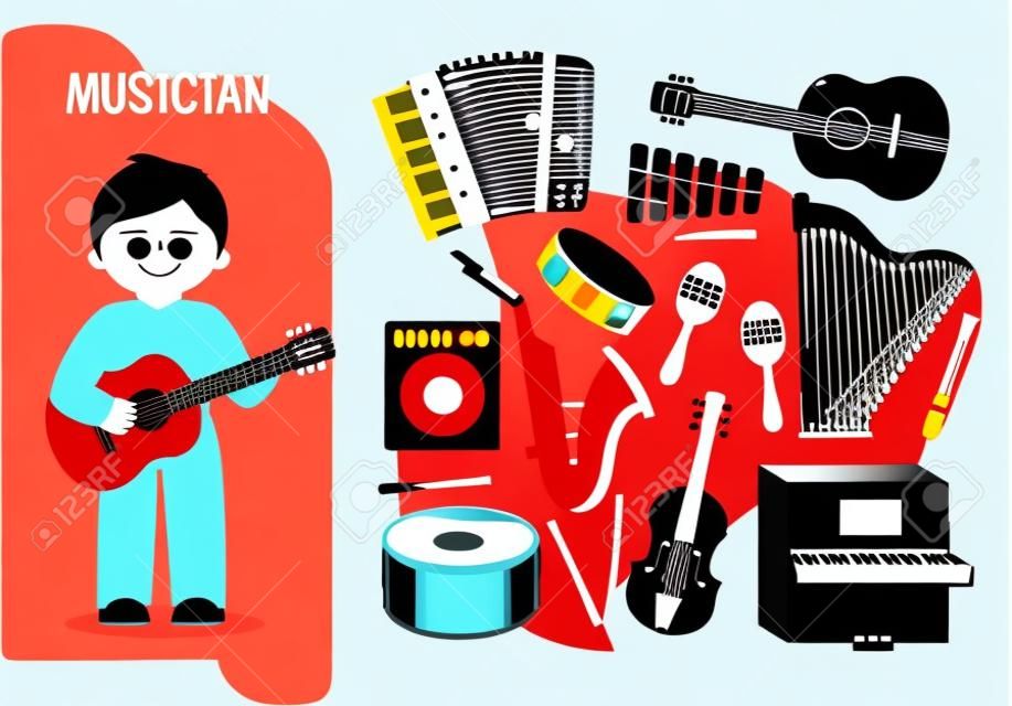 Musicista di carattere vettoriale. Illustrazioni dell'attrezzatura del musicista. Set di professioni dei cartoni animati.