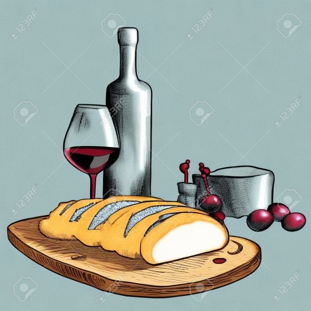 葡萄酒，面包和蓝纹奶酪手绘制的插图