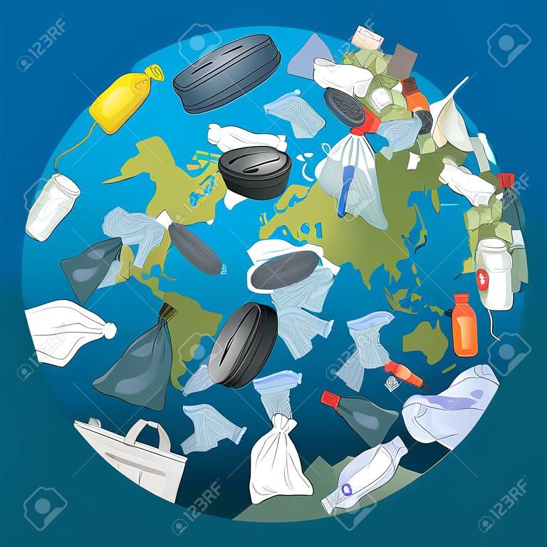 The pollution, garbage, plastic, bags on the planet. The concept of ecology and the World Cleanup Day. Vector hand drawn illustration isolated on white background.