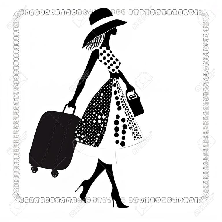 Ilustración blanco y negro de una mujer joven elegante con el equipaje, verano