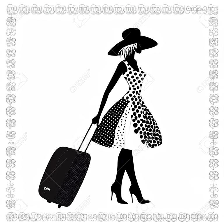 Ilustração em preto e branco de uma mulher elegante jovem com bagagem, verão