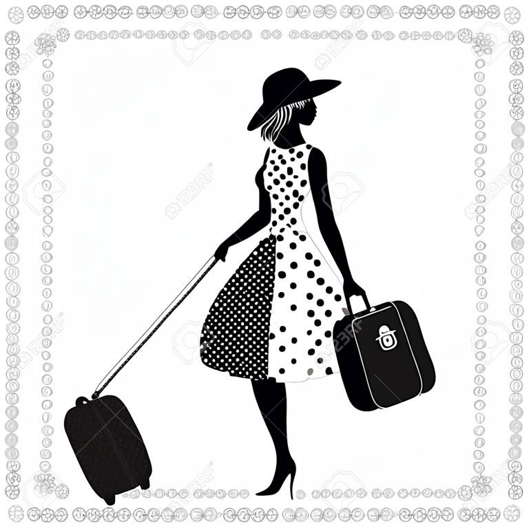Black and white illustration of a young elegant woman with luggage, summer