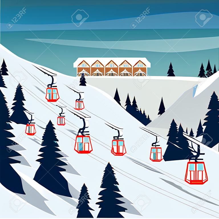 スキーリゾート雪山の風景、ゲレンデのスキーヤー、スキーリフト。雪、木々、山々を背景にしたスキー場のある冬の風景。漫画フラットベクトルイラスト