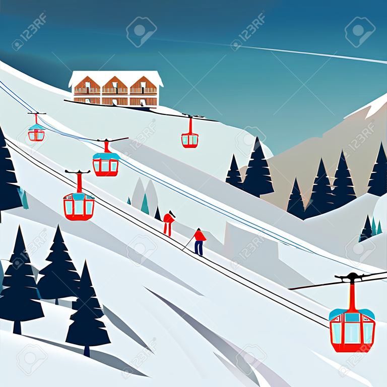 スキーリゾート雪山の風景、ゲレンデのスキーヤー、スキーリフト。雪、木々、山々を背景にしたスキー場のある冬の風景。漫画フラットベクトルイラスト