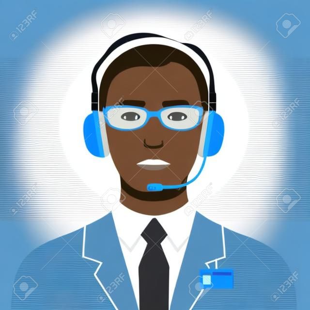 Man in a business suit, in headphones with microphone and name tag badge. Operator of call center office at work. Webinar, video conference, video call. Vector flat illustration