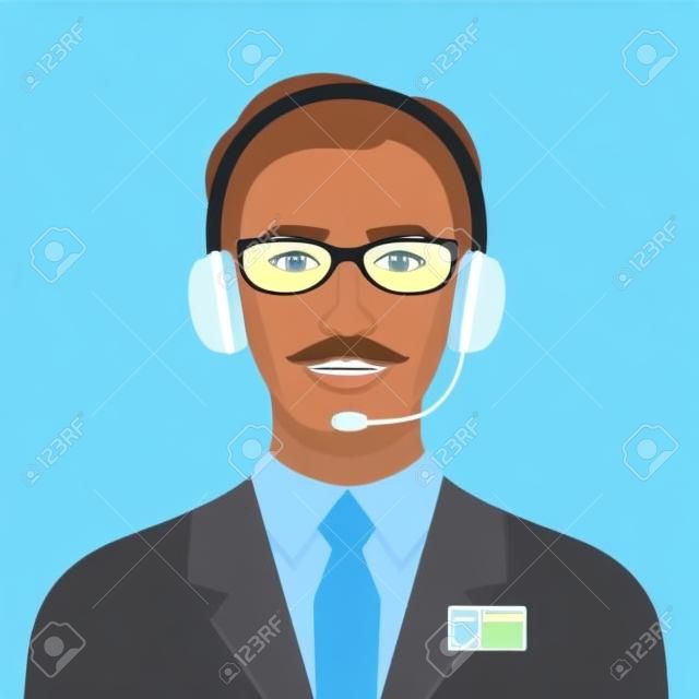Man in a business suit, in headphones with microphone and name tag badge. Operator of call center office at work. Webinar, video conference, video call. Vector flat illustration