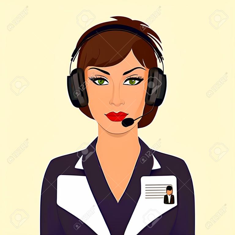 Woman in a business suit, in headphones with microphone and name tag badge. Operator of call center office at work. Webinar, video conference, video call. Vector flat illustration