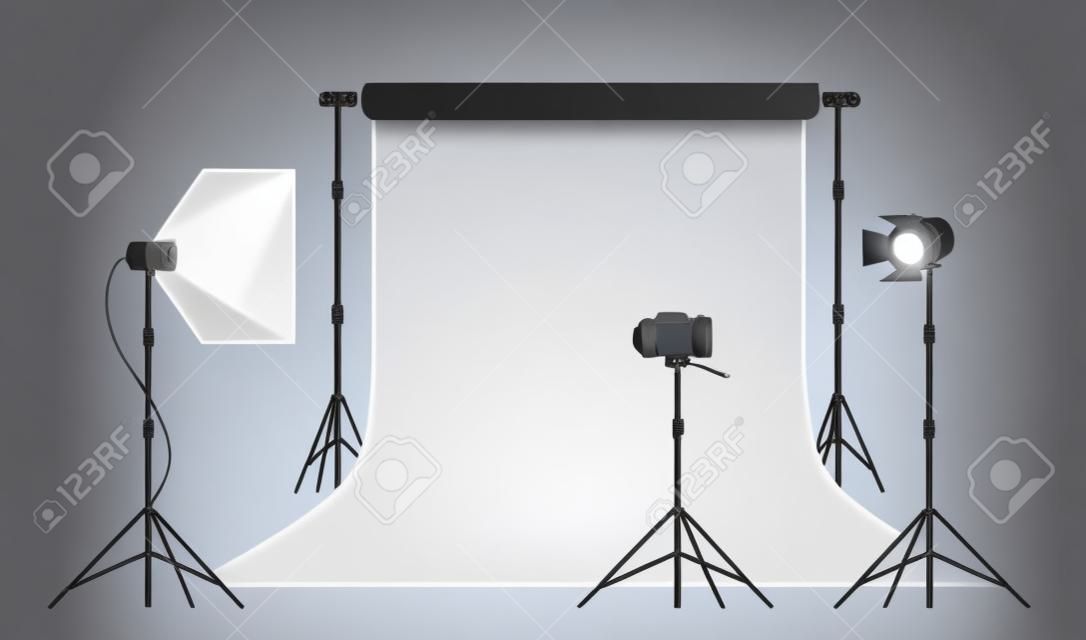 Photo studio with white blank background, soft box light, camera, spotlight. Professional equipment for photo and video shooting. Vector illustration