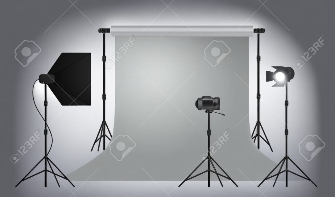 Photo studio with white blank background, soft box light, camera, spotlight. Professional equipment for photo and video shooting. Vector illustration