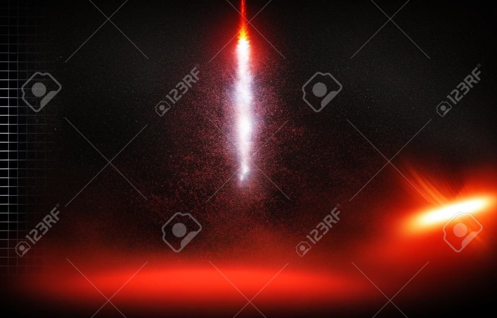 Vlam en rook van ruimteraket lancering. Vuur, komeet of meteoor op transparante achtergrond. Ruimteschip opstijgen. Vliegtuig straalt spoor of schip spoor. Vector licht effect.