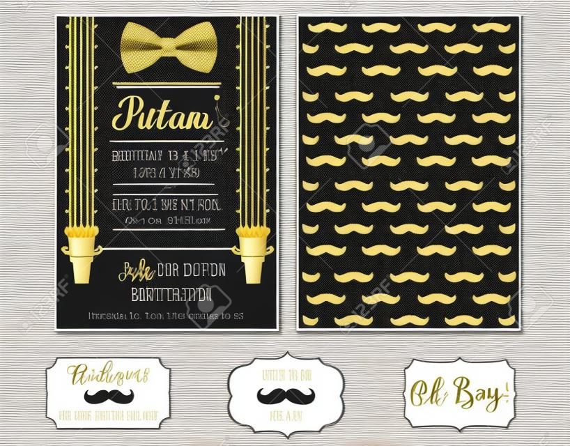 Little man birthday party (Baby shower party) invitation card. Vector bow tie and suspenders. Black, white and gold - classic patterns with mustache. Design for real man! Father day's template