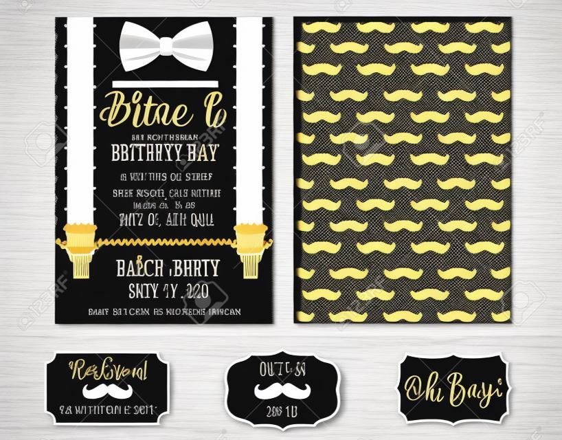 Little man birthday party (Baby shower party) invitation card. Vector bow tie and suspenders. Black, white and gold - classic patterns with mustache. Design for real man! Father day's template