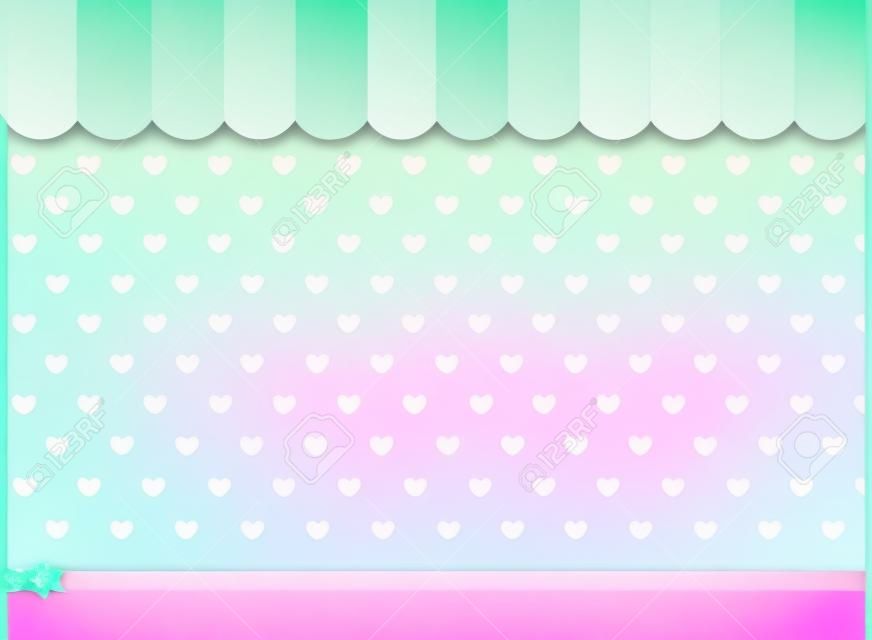 Pink and mint turquoise background with little hearts. Candy shop showcase backdrop.