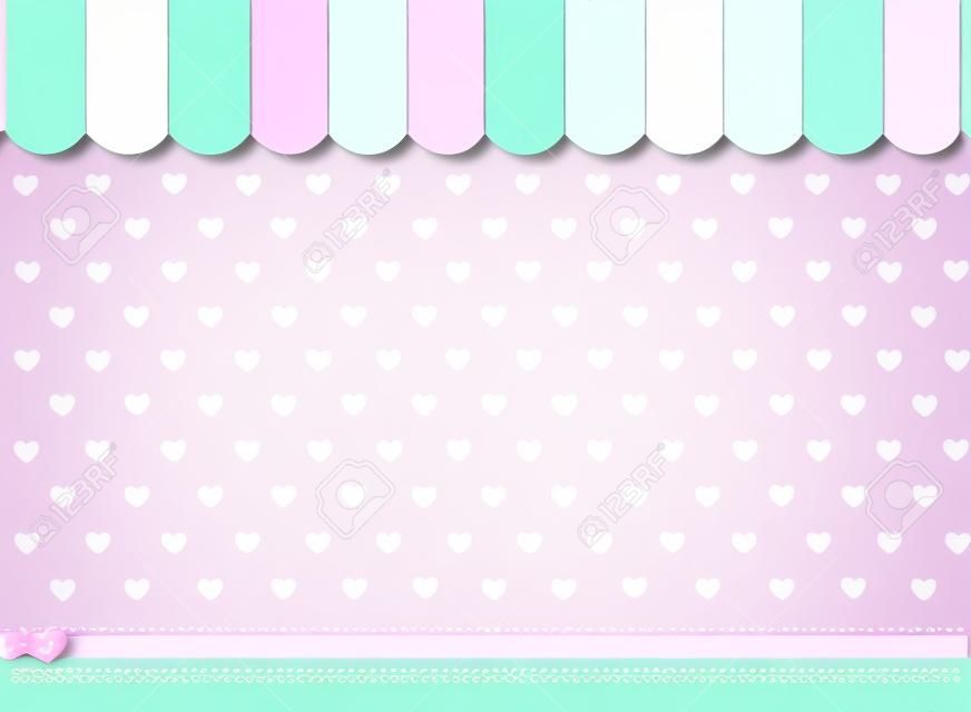 Pink and mint turquoise background with little hearts. Candy shop showcase backdrop.
