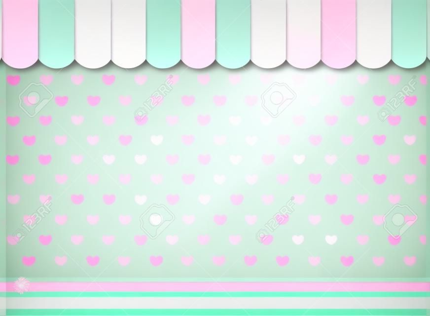 ピンクとミントのターコイズ色の背景に少し心が付いています。キャンディショップのショーケースの背景。