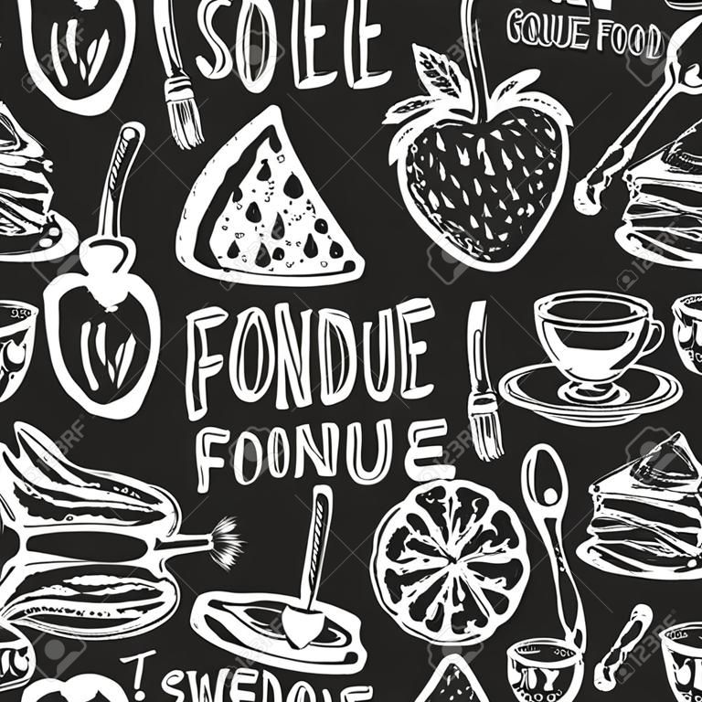Słodki fondue szwu na kredowym tle. Tradycyjny szwajcarski żywności. Może być stosowany do menu, banery, zaproszenia