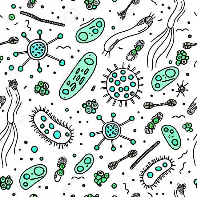 Bakterienkeime handgezeichnetes nahtloses Muster des Gekritzels mit Mikroorganismenzellen auf weißer Hintergrundvektorillustration.