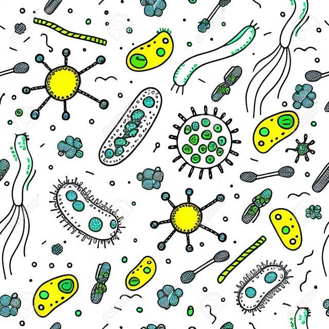細菌細菌は、白い背景ベクターのイラスト上の微生物細胞とシームレスなパターンを落書きを手描き。