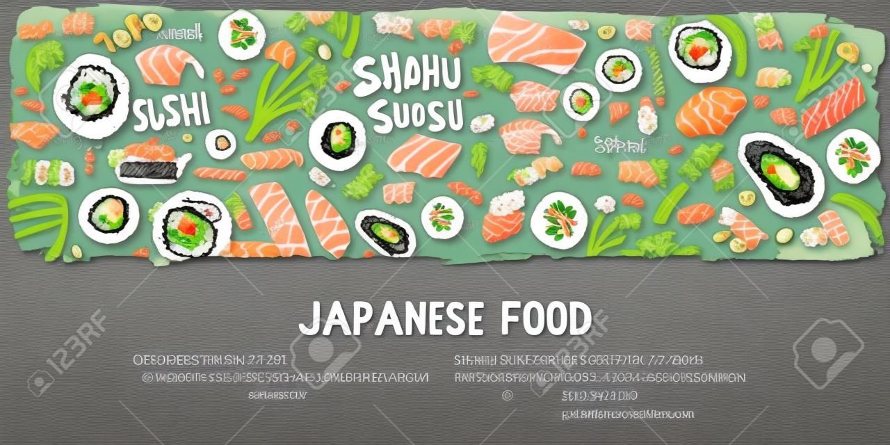 Cartão de visita para sushi. Menu de sushi, sushi bar.