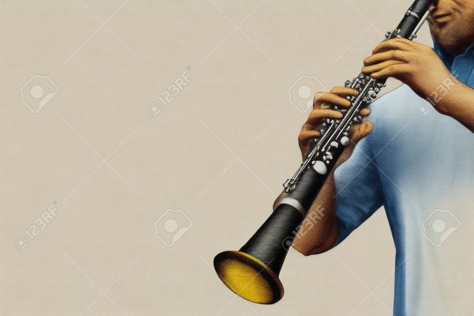 Manos de jugador de clarinete tocando instrumento musical clásico. Instrumentos de viento de madera aislados en blanco