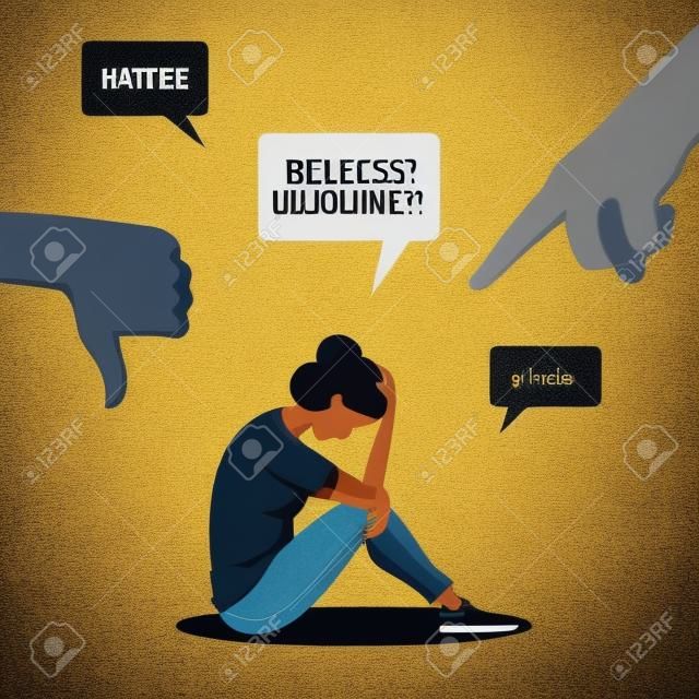 Cyber bullying. Depressed young woman sitting on the floor, surrounded by message bubbles. Haters pointing fingers at victim. Social media side effects. Hate, violence, stress, online abuse concept.