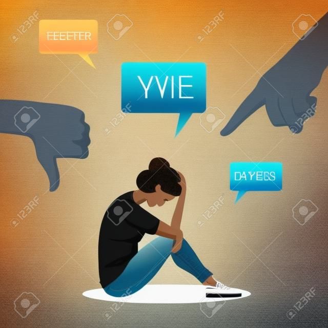 Cyber bullying. Depressed young woman sitting on the floor, surrounded by message bubbles. Haters pointing fingers at victim. Social media side effects. Hate, violence, stress, online abuse concept.