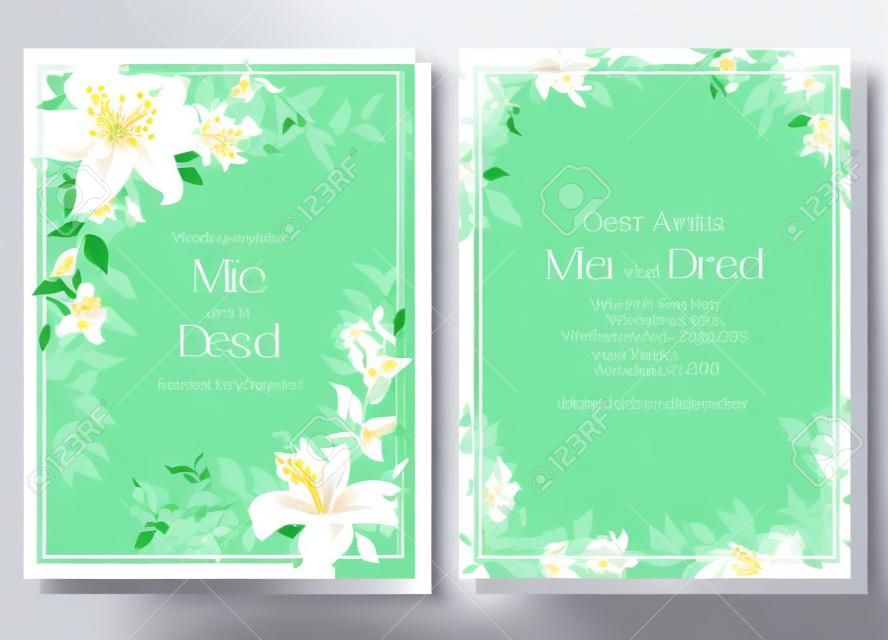 結婚式の招待状のベクトルテンプレート。美しい白いユリ、緑の植物。エレガントなウェディングデザイン。