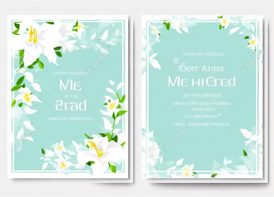 結婚式の招待状のベクトルテンプレート。美しい白いユリ、緑の植物。エレガントなウェディングデザイン。